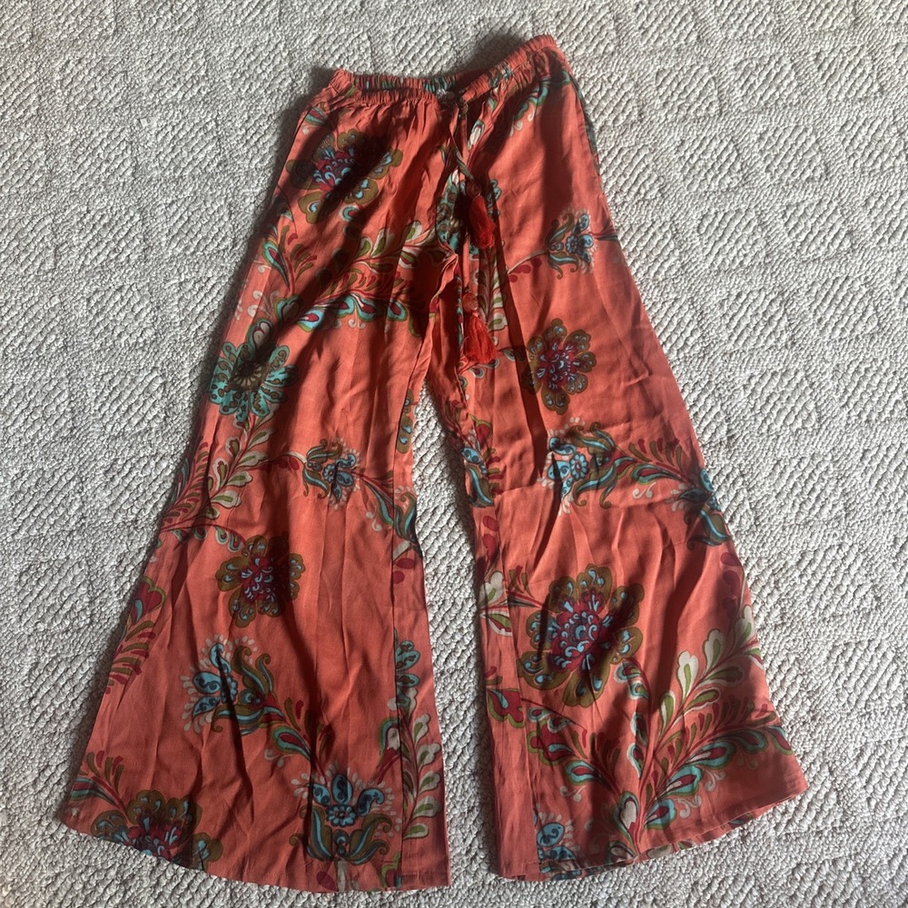 Womens Tropical Floral Palazzo wide leg Pants~Drawstring~Pockets~XS NWOT BEACH
